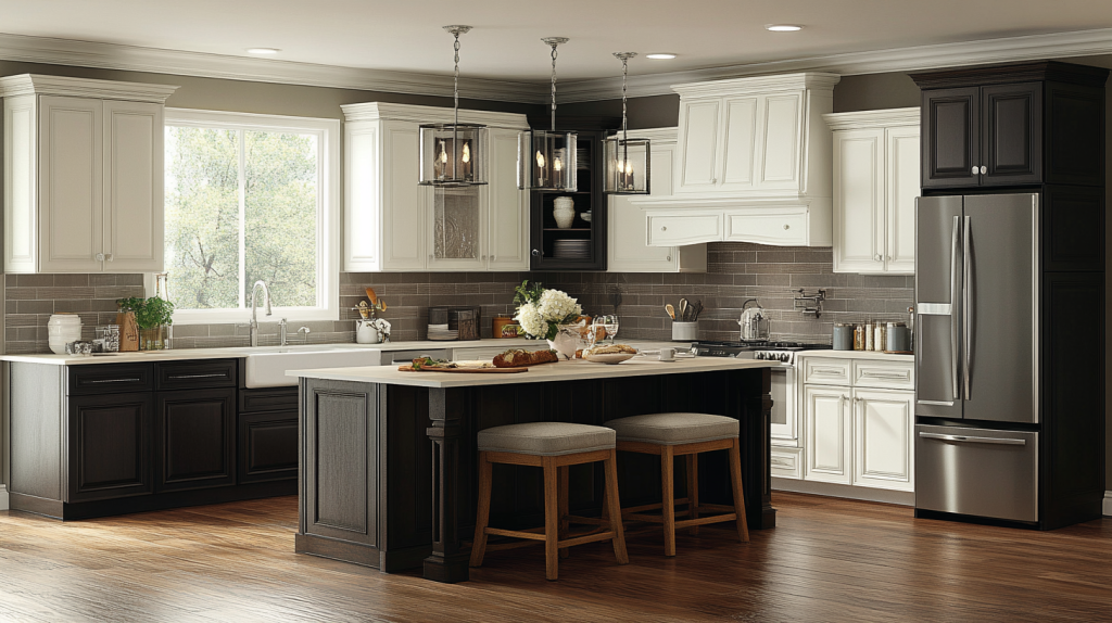 Modern kitchen featuring two-tone white and dark cabinets. The contrasting cabinetry adds depth and elegance, with sleek countertops and stylish pendant lighting.