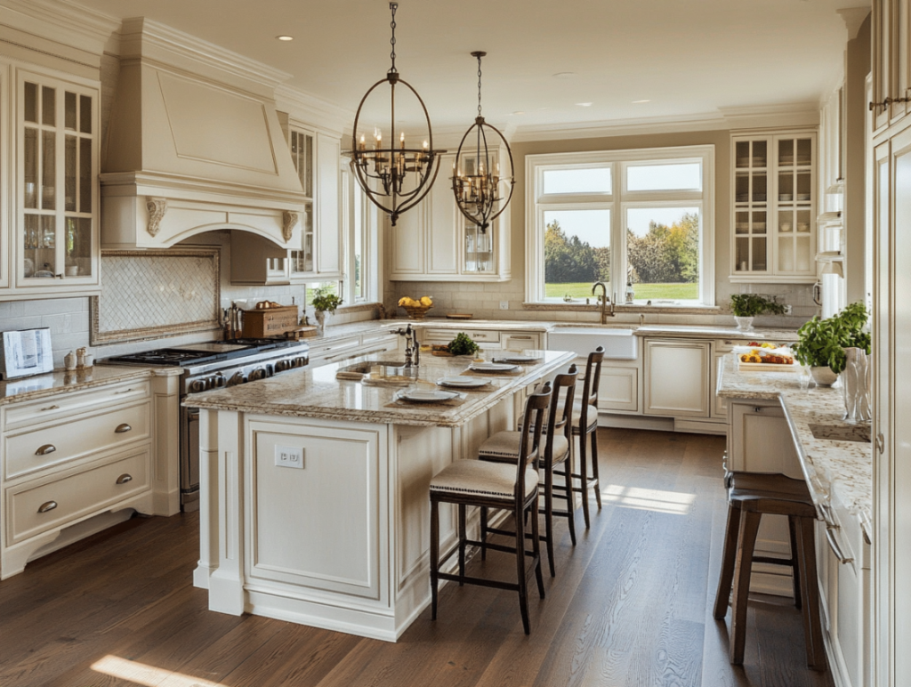 U-shape cream kitchen with classic cabinetry, granite countertops, and a central island beneath chandeliers
