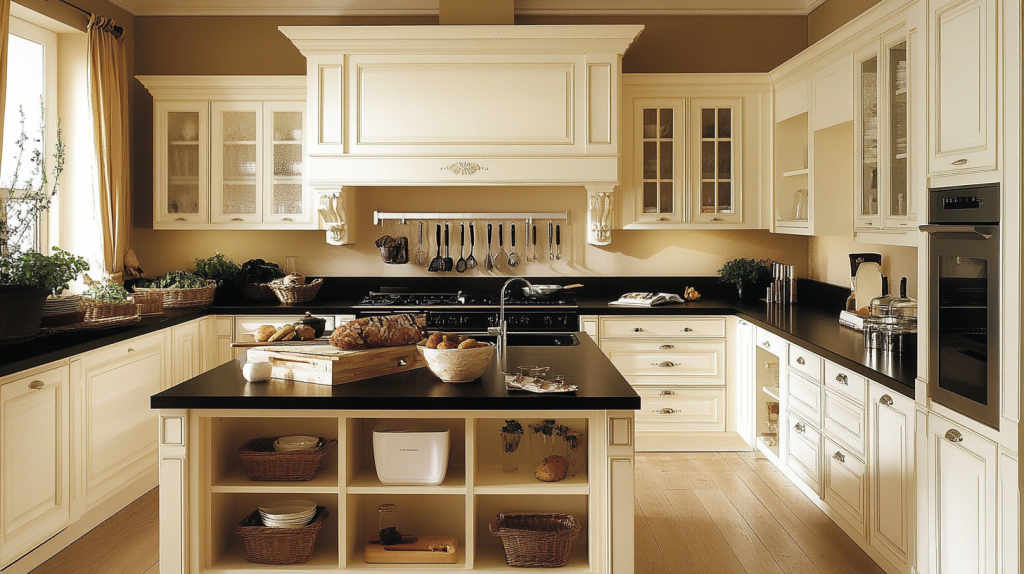 Classic-modern kitchen with white cabinets, black countertops, central island, and warm earth tones in a city-inspired layout.