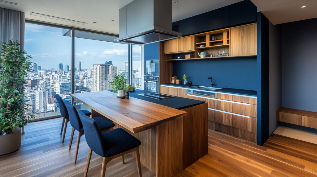 Modern navy blue kitchen with wood accents and city skyline