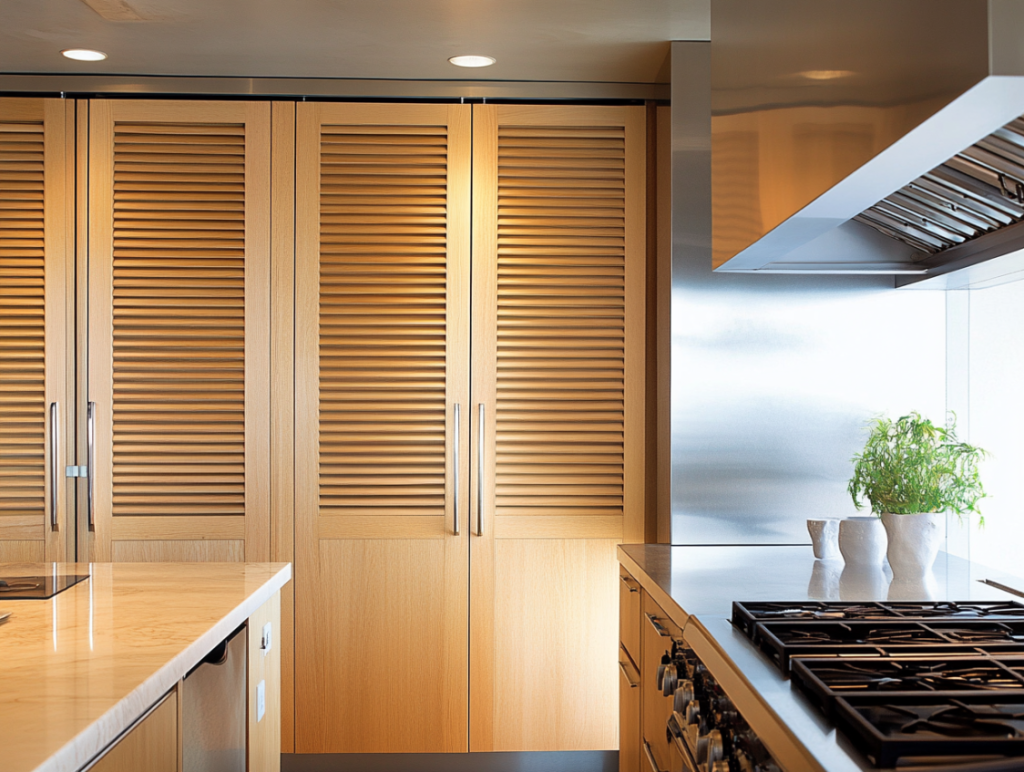 Ventilated louvered cabinet doors helping maintain airflow inside kitchen storage spaces
