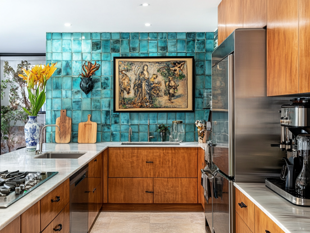 L-shaped kitchen with turquoise tile backsplash and warm wood cabinetry