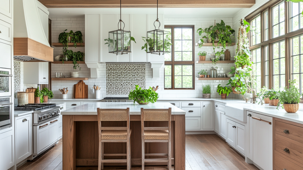 Modern white oak kitchen featuring abundant greenery in shelves and pots, creating a lively and fresh atmosphere.