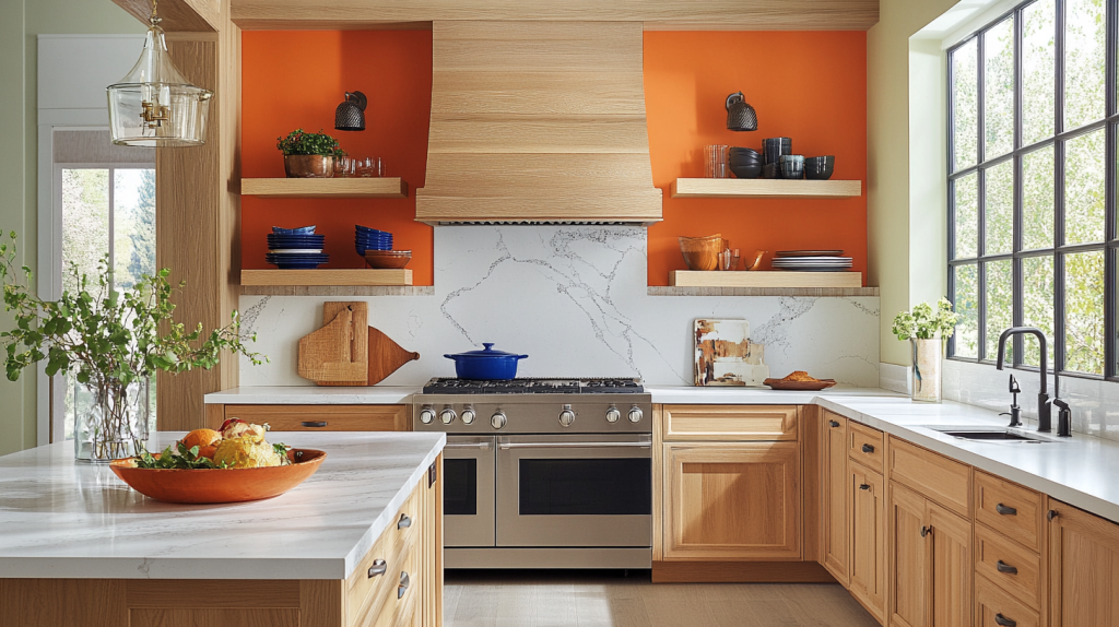 White oak kitchen cabinets with vibrant orange and blue accents, open shelving, and modern appliances