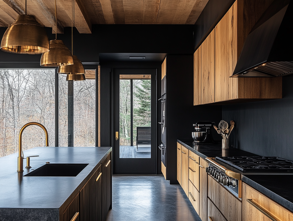 Kitchen with wood accents, black cabinets, and gold decor creating warm and inviting atmosphere.
