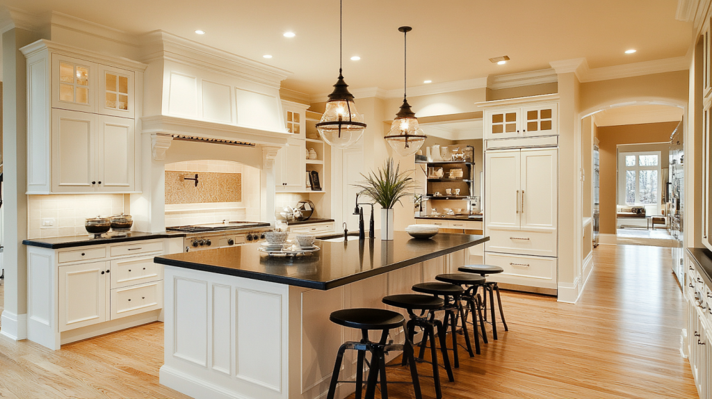 Transitional urban kitchen with shaker-style white cabinets, matte black countertops, and pendant lights over island seating.
