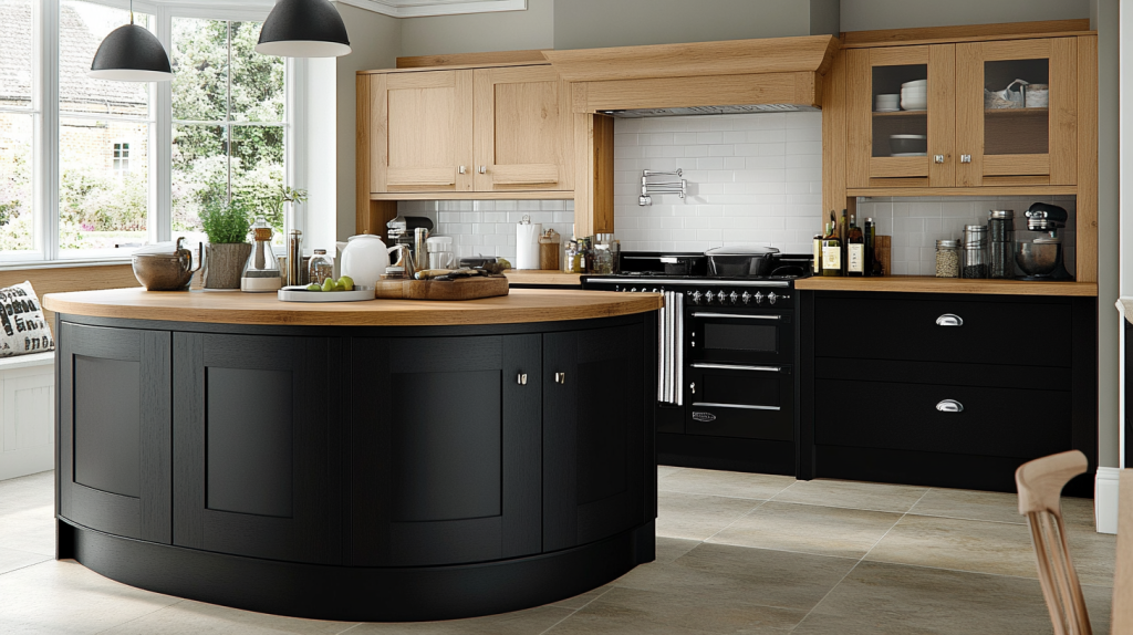 two tone kitchen with black lower cabinets and natural wood uppers in a traditional English-style kitchen