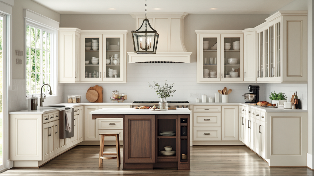 Cozy kitchen featuring white kitchen cabinets with a warm island and vintage-inspired lighting, creating a welcoming atmosphere.