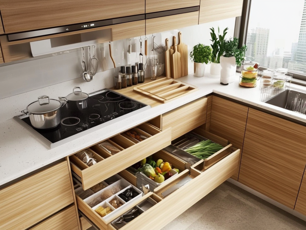 Warm natural modern kitchen with white oak cabinets, sleek hardware, and bright lighting