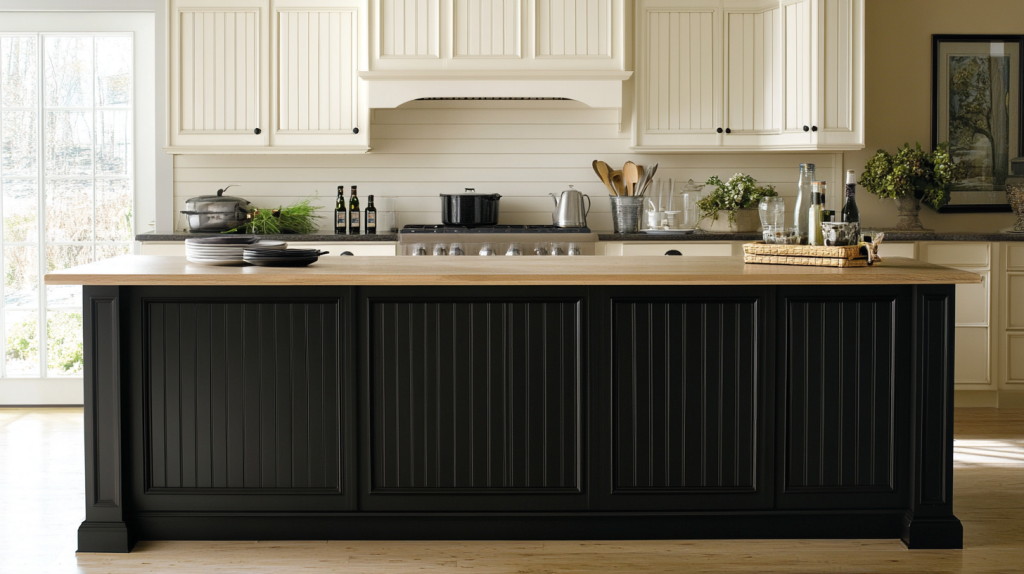 White beadboard kitchen cabinets matched with a contrasting black island, creating a charming and balanced design.