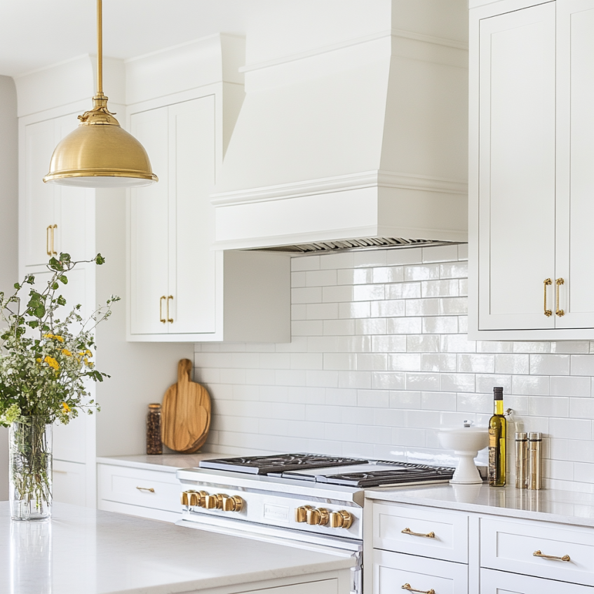 White kitchen cabinets featuring unique geometric gold handles with a shiny white subway tile backsplash and brass pendant lighting.
