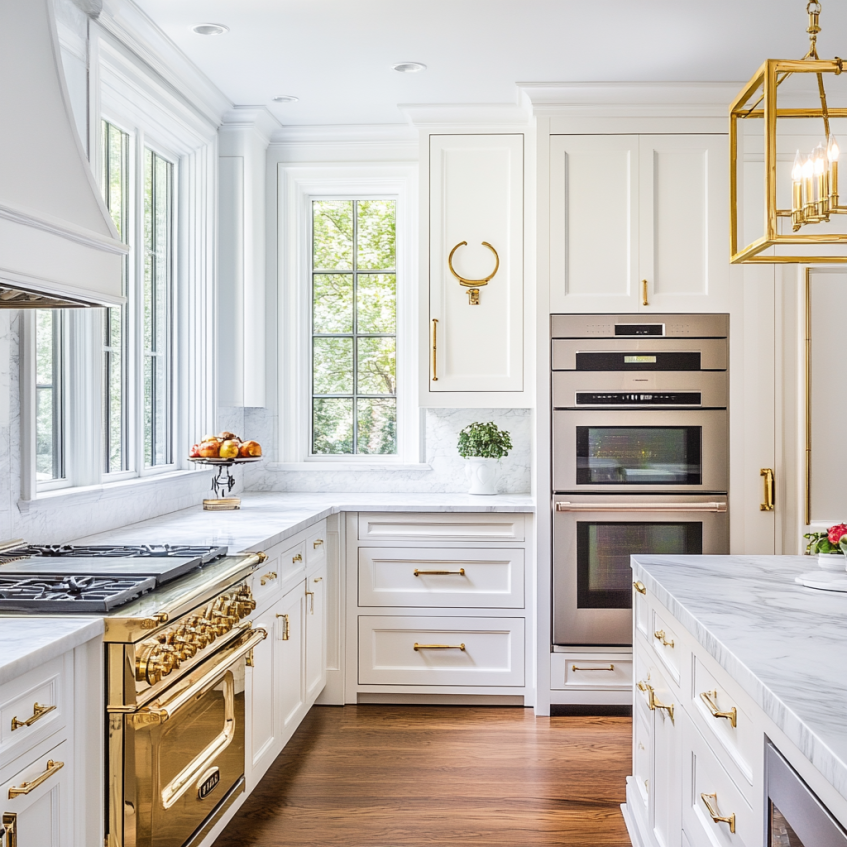 White kitchen cabinets with gold-trimmed appliances, gold pendant light, and white marble countertops.