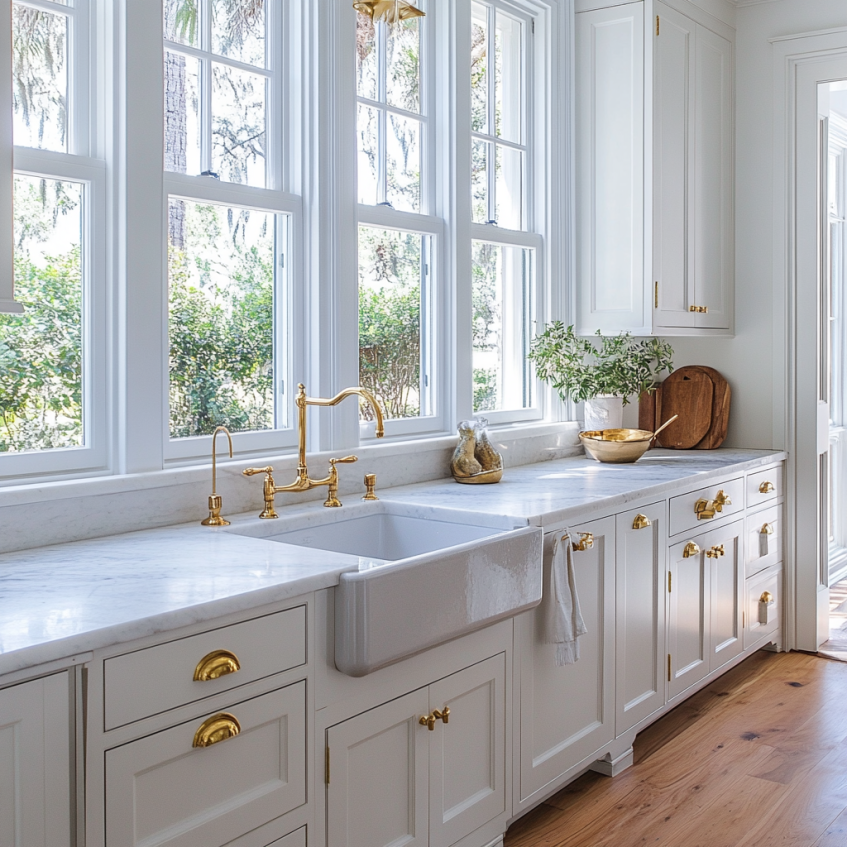 Bright white kitchen with gold faucets and classic farmhouse sink in front of large windows.