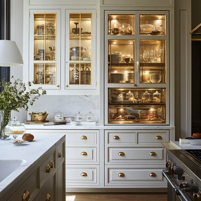 White kitchen cabinets featuring gold-framed glass doors illuminated by warm interior lighting.