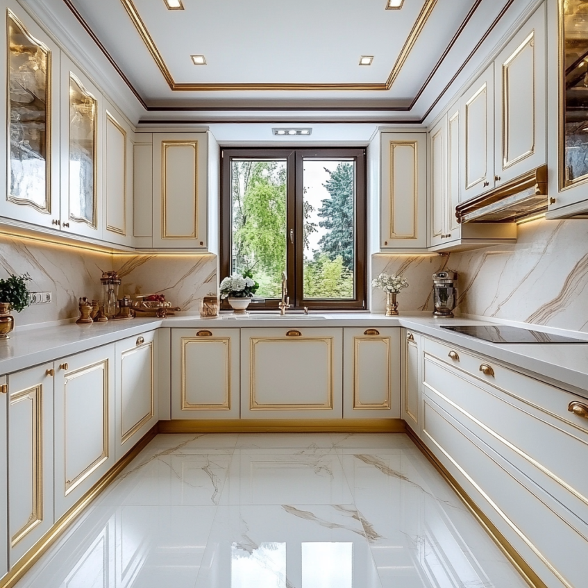 White kitchen with gold inlays on cabinet doors, U-shaped layout, and glossy marble floor.