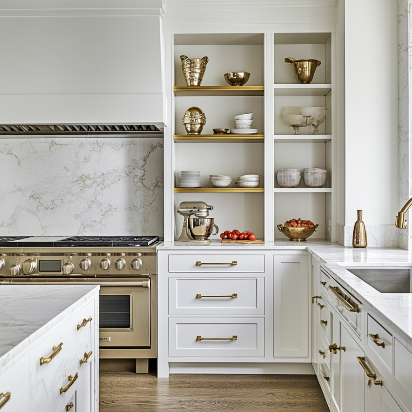 White kitchen cabinets paired with gold open shelving and a brass-tone range, featuring marble countertops.