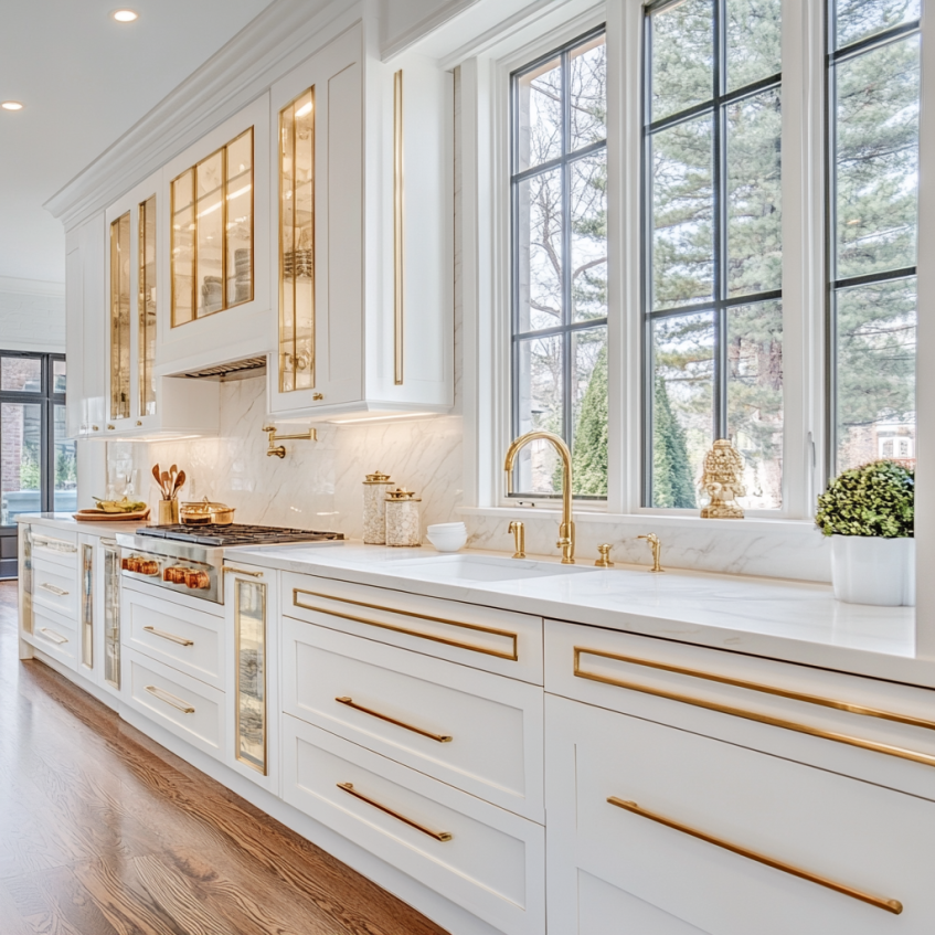 White kitchen cabinets with gold trim detailing and glass inserts showcasing elegant dishware.