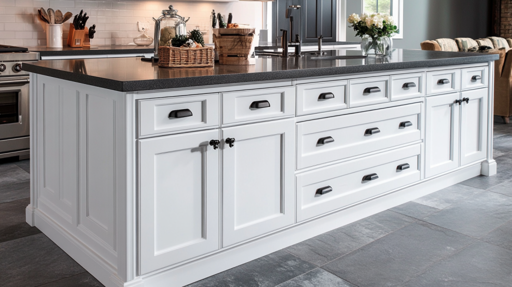 A stylish white kitchen island with black hardware, offering ample storage and a clean, modern aesthetic.