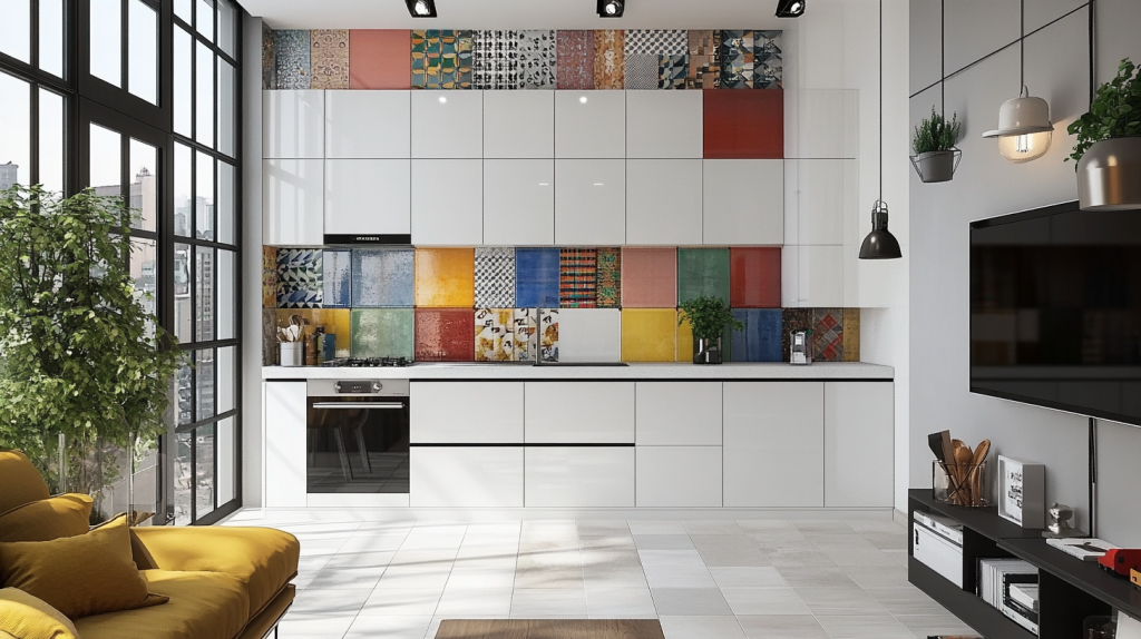 A modern white kitchen featuring sleek white cabinetry and a bold, colorful backsplash, adding a touch of personality and vibrancy.