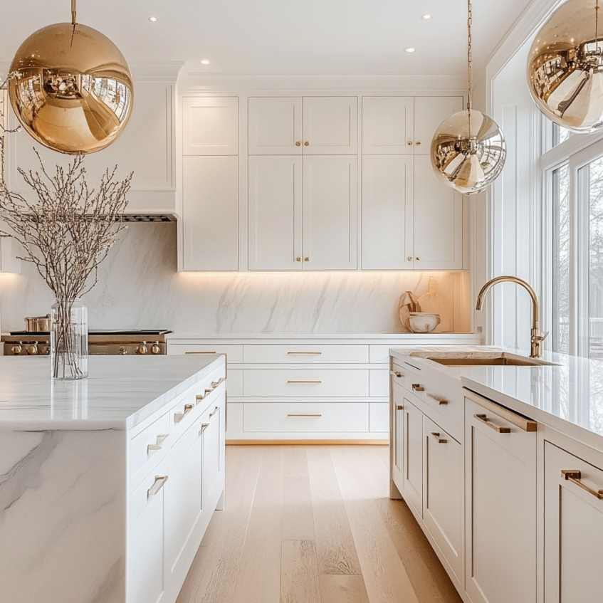 White kitchen with gold pendant lights, marble surfaces, and gold faucet.