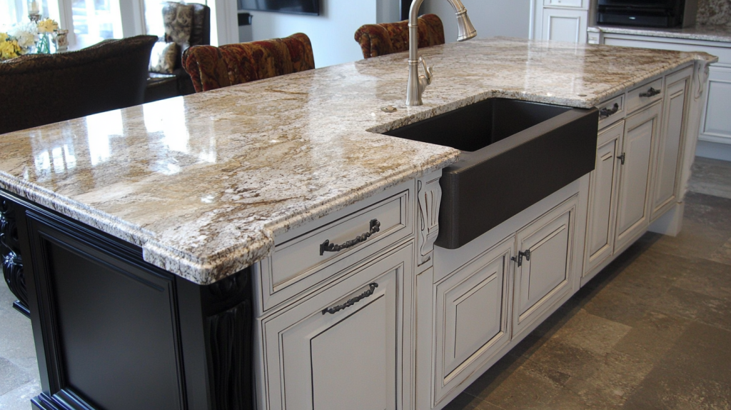 A beautiful white kitchen featuring classic cabinetry and a rich granite countertop for a stylish and durable design.