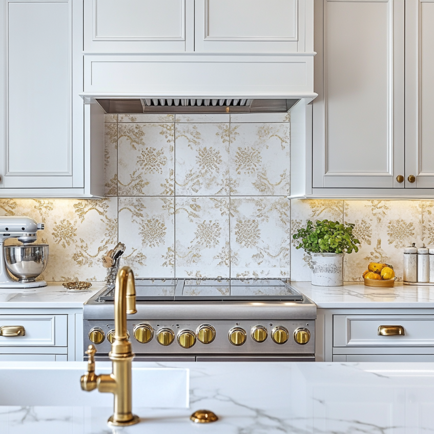 White kitchen with white and gold floral backsplash tiles and brushed gold oven knobs.