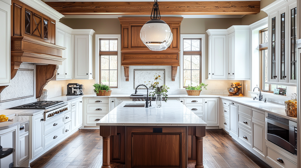 White kitchen with wooden accents, open shelving, and modern fixtures. The design includes white cabinets, a marble countertop, and dark wood beams, creating a contrast between modern and traditional elements.
