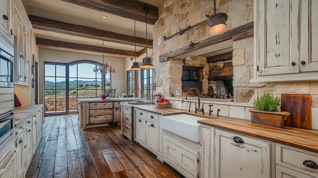 A white kitchen with a wood island, exposed beams, and a farmhouse sink, creating a rustic and welcoming ambiance.
