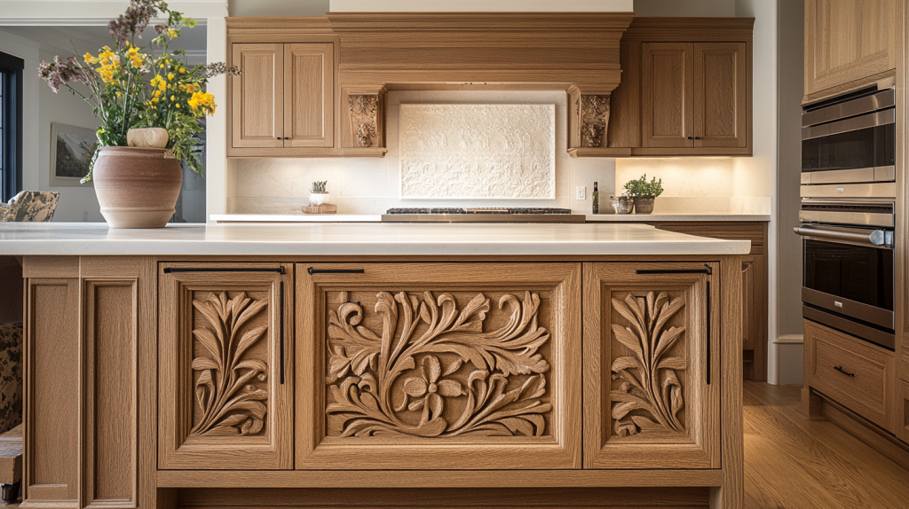 White oak kitchen cabinets with floral carvings and modern features, showcasing a blend of artistry and contemporary design.