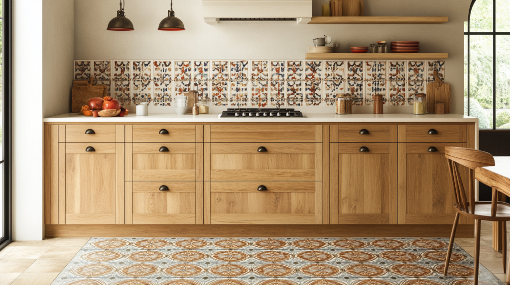 White oak cabinets paired with colorful patterned tiles in the kitchen, featuring vibrant colors and a modern aesthetic.