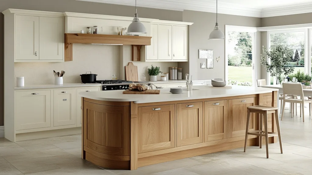 White oak kitchen with traditional elements, featuring a curved kitchen island, a combination of white and oak cabinetry, and a bright, inviting dining area. Large windows offer a beautiful view of the outdoors.
