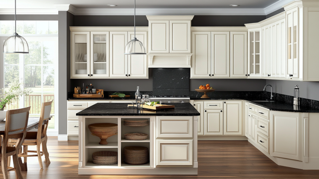 Kitchen with white raised panel cabinets and black granite countertops, offering a classic black and white contrast.