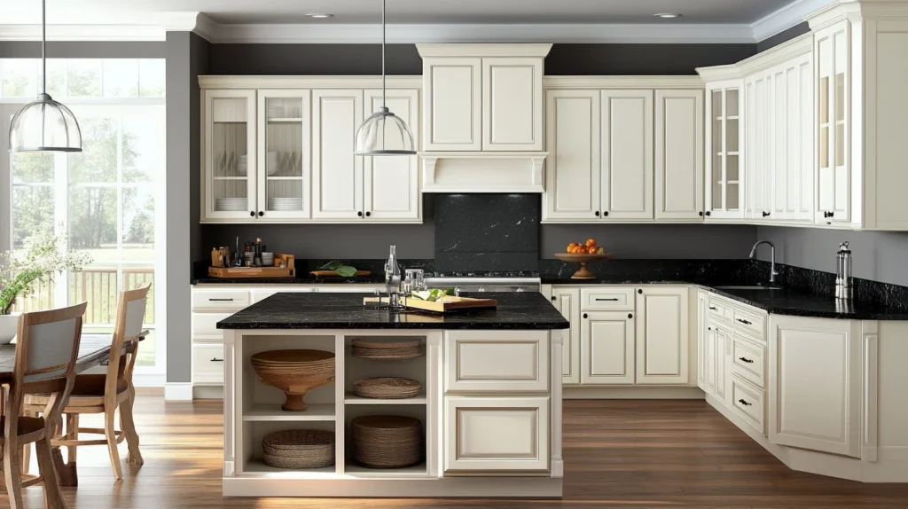 Kitchen with white raised panel cabinets and black granite countertops, offering a classic black and white contrast.