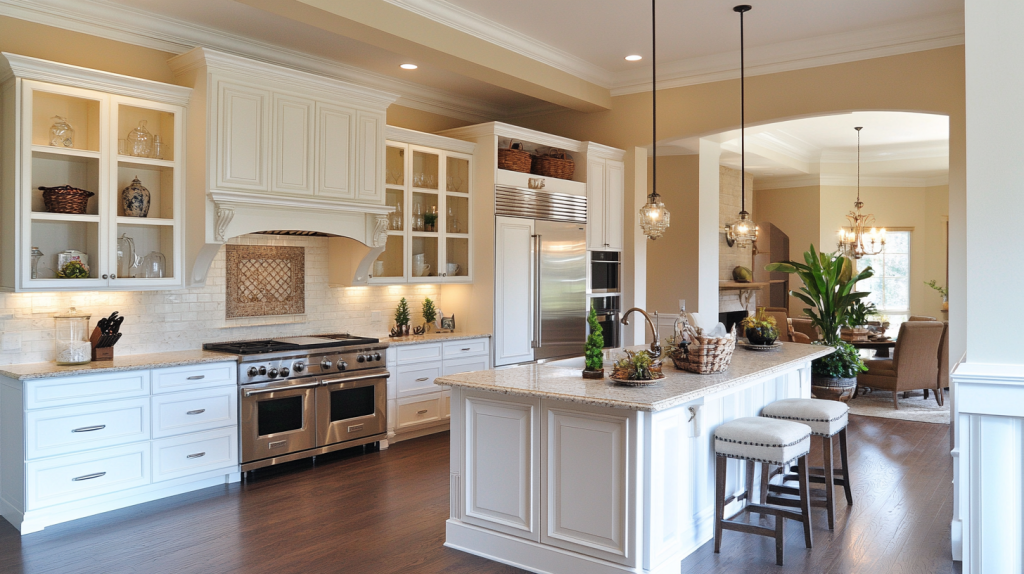A spacious kitchen with white shaker-style cabinets, open shelves below the upper cabinets, and a central island with a dark wood floor.