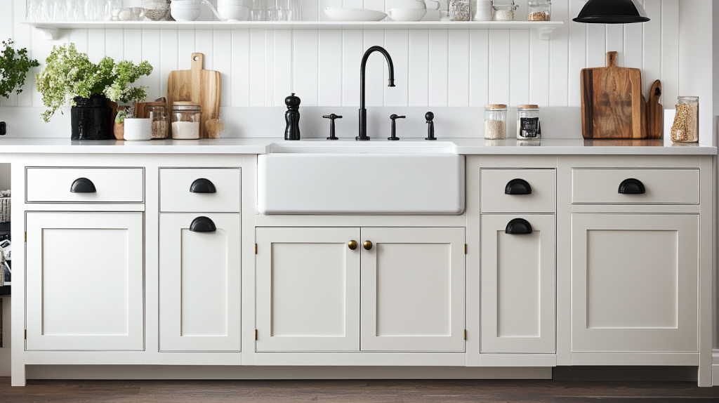 White shaker-style kitchen cabinets accented by black brass knobs for a timeless and elegant finish.