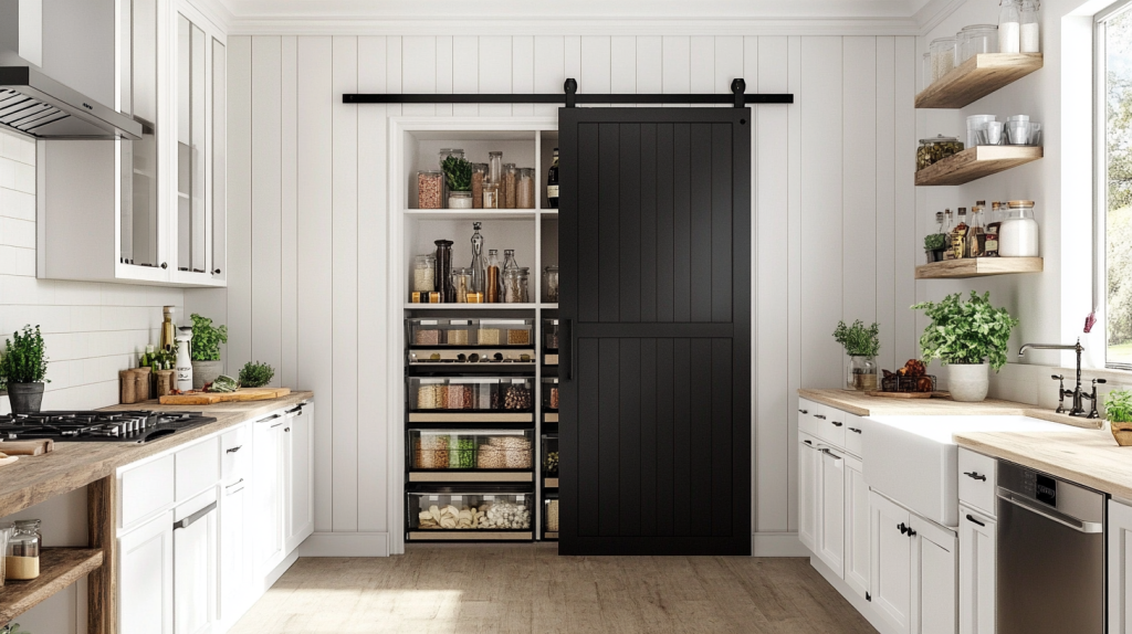 White kitchen cabinets with black barn door pantry and wooden shelves.
