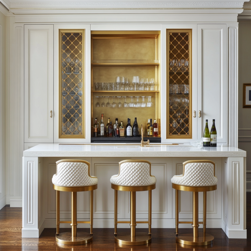 Elegant white and gold bar cabinets with glass storage, gold-trimmed shelving, and luxurious quilted bar stools.