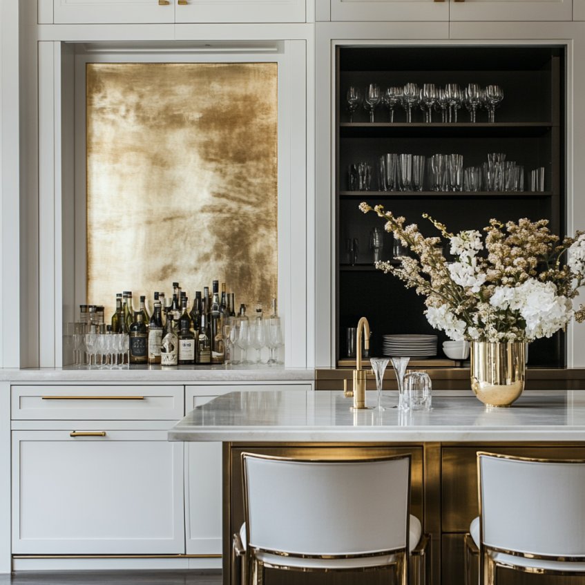 White and gold bar kitchen setup with mirrored gold wall, open shelves, and floral centerpiece on the island.