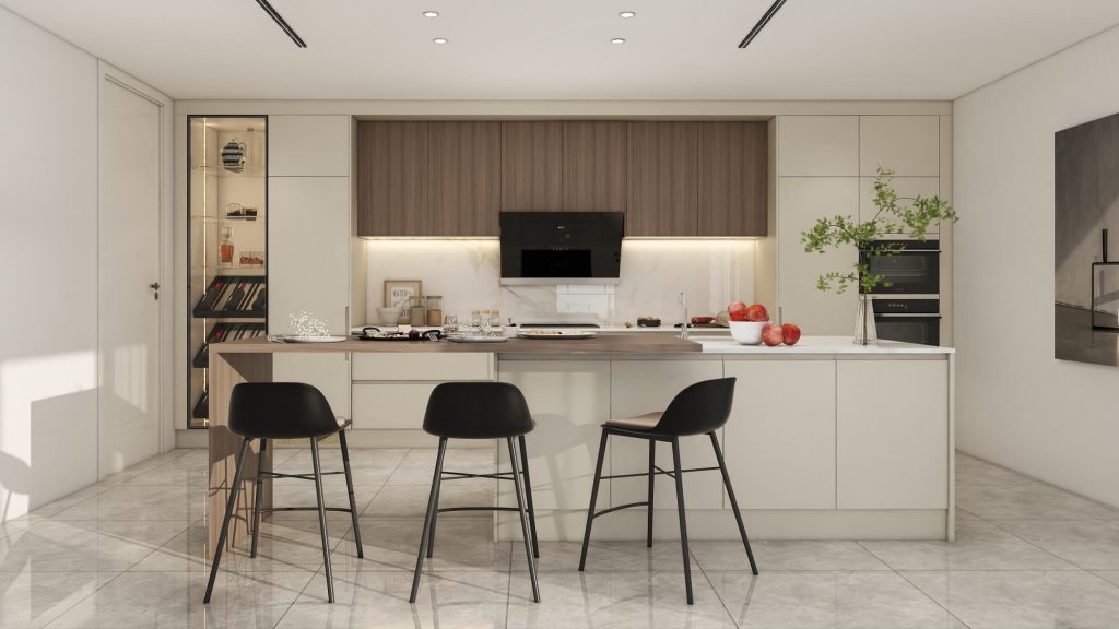 A modern kitchen with light-colored cabinets and warm wood accents, showcasing the latest 2025 kitchen cabinet colors trends.