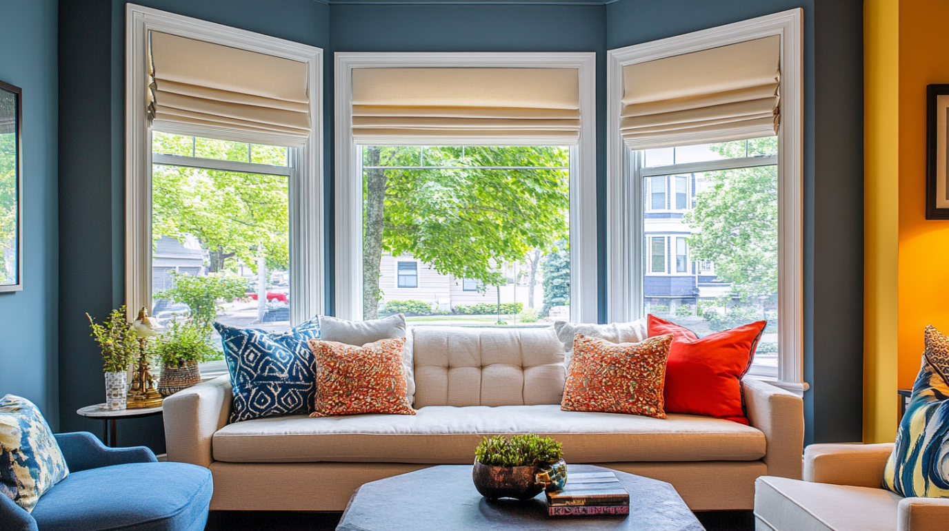 corloful bay window with furnitures in the living room
