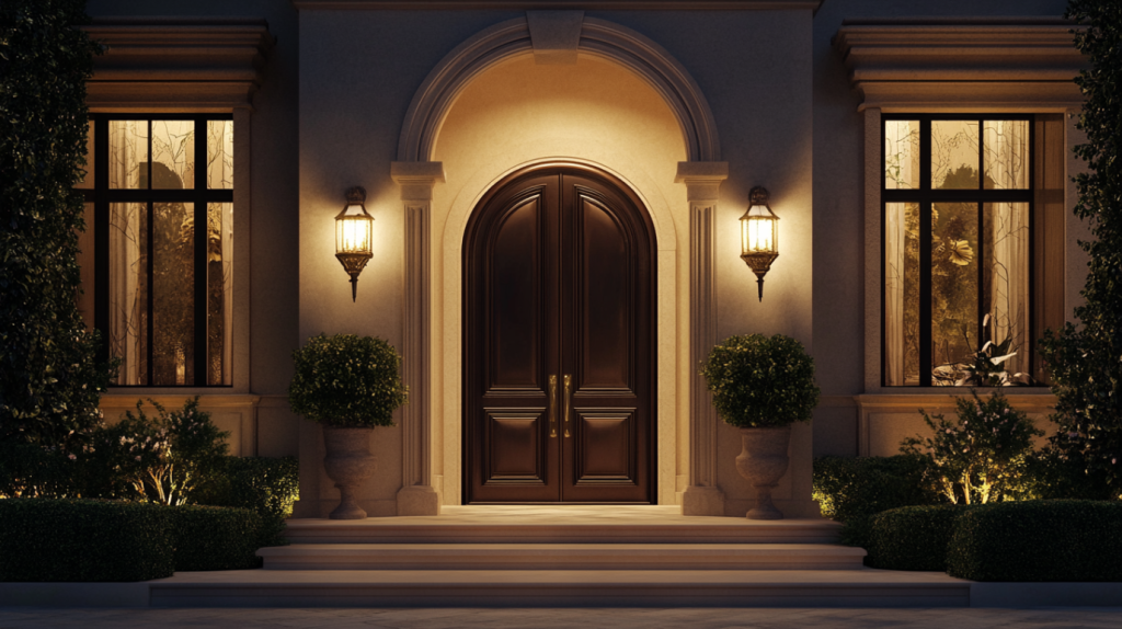 elegant wooden arched door with sidelights