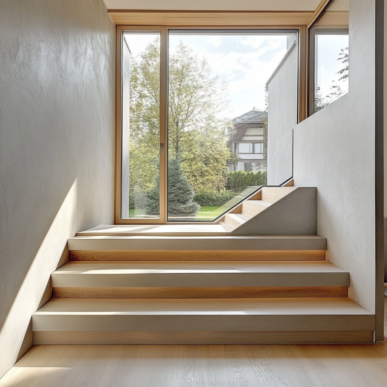 golden framed window in the stair