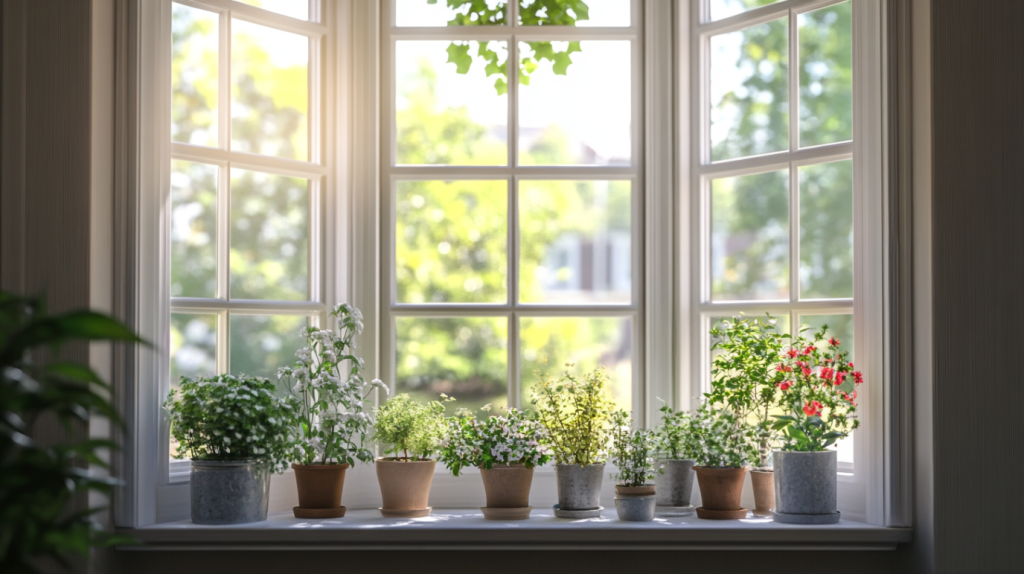 plants decorate bay window