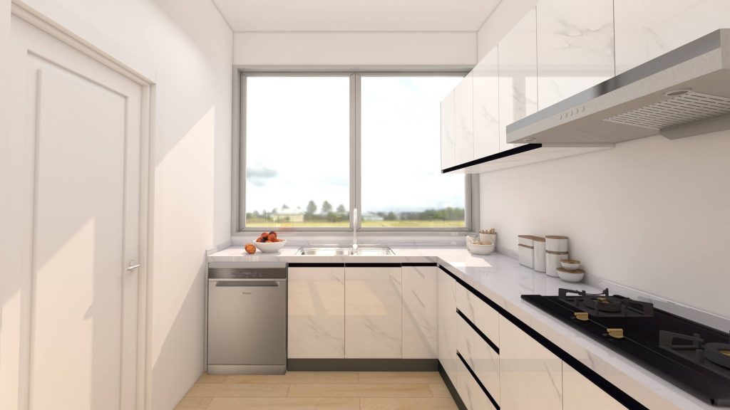 A modern kitchen with sandy beige cabinets, white countertops, and large windows, creating a bright, airy, and coastal-inspired atmosphere.