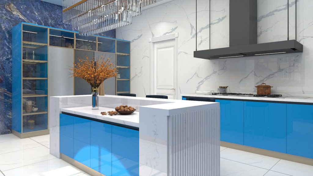 A modern kitchen with sky blue cabinets, white marble countertops, and gold accents, offering a fresh and coastal-inspired design.