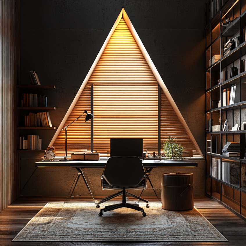 triangle window with blinds in the study