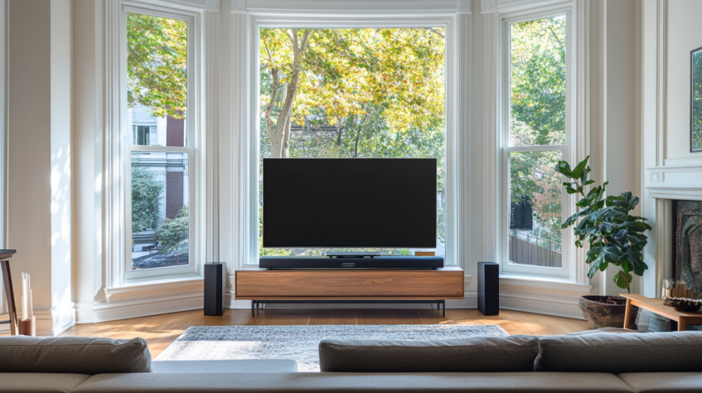 tv in front of bay window