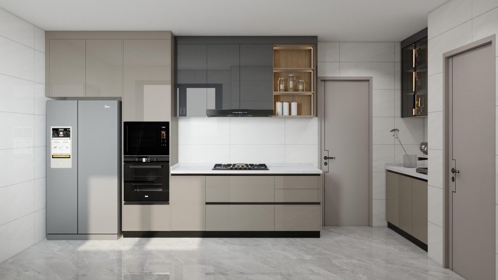 A modern kitchen with warm gray cabinets, black accents, and wood shelving, showcasing a stylish and adaptable design for various kitchen styles.