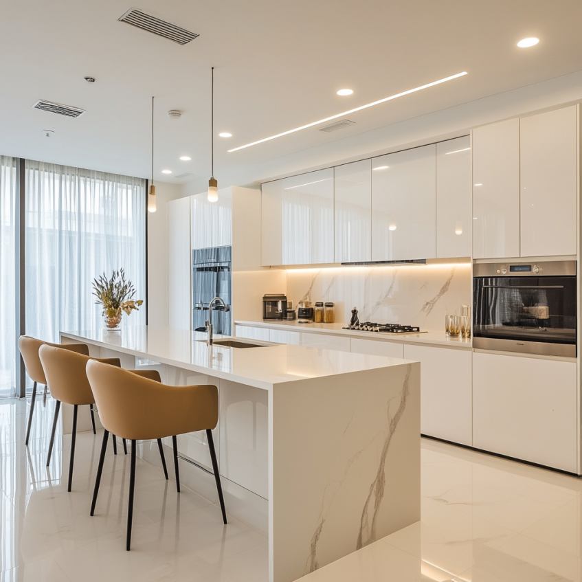 Bright and spacious all-white kitchen featuring marble accents, a sleek island, and pendant lighting that enhances the modern design.