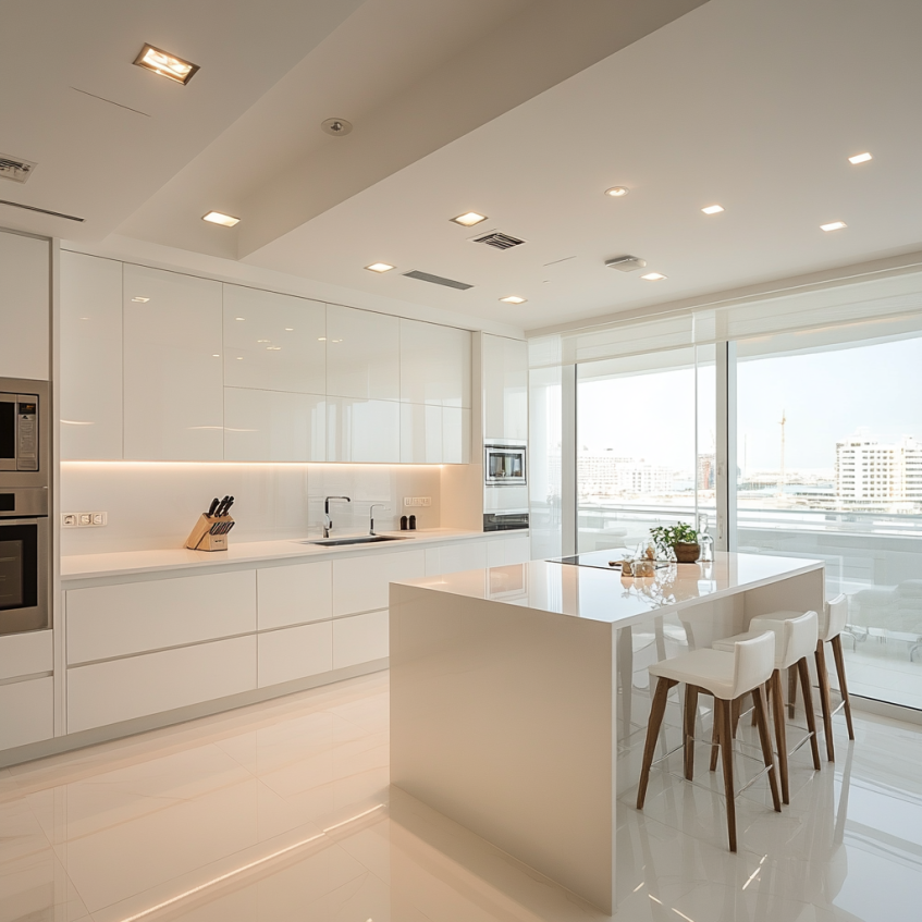 Modern kitchen with all white glossy cabinets, sleek countertops, and an island with contemporary bar stools, illuminated by natural light.